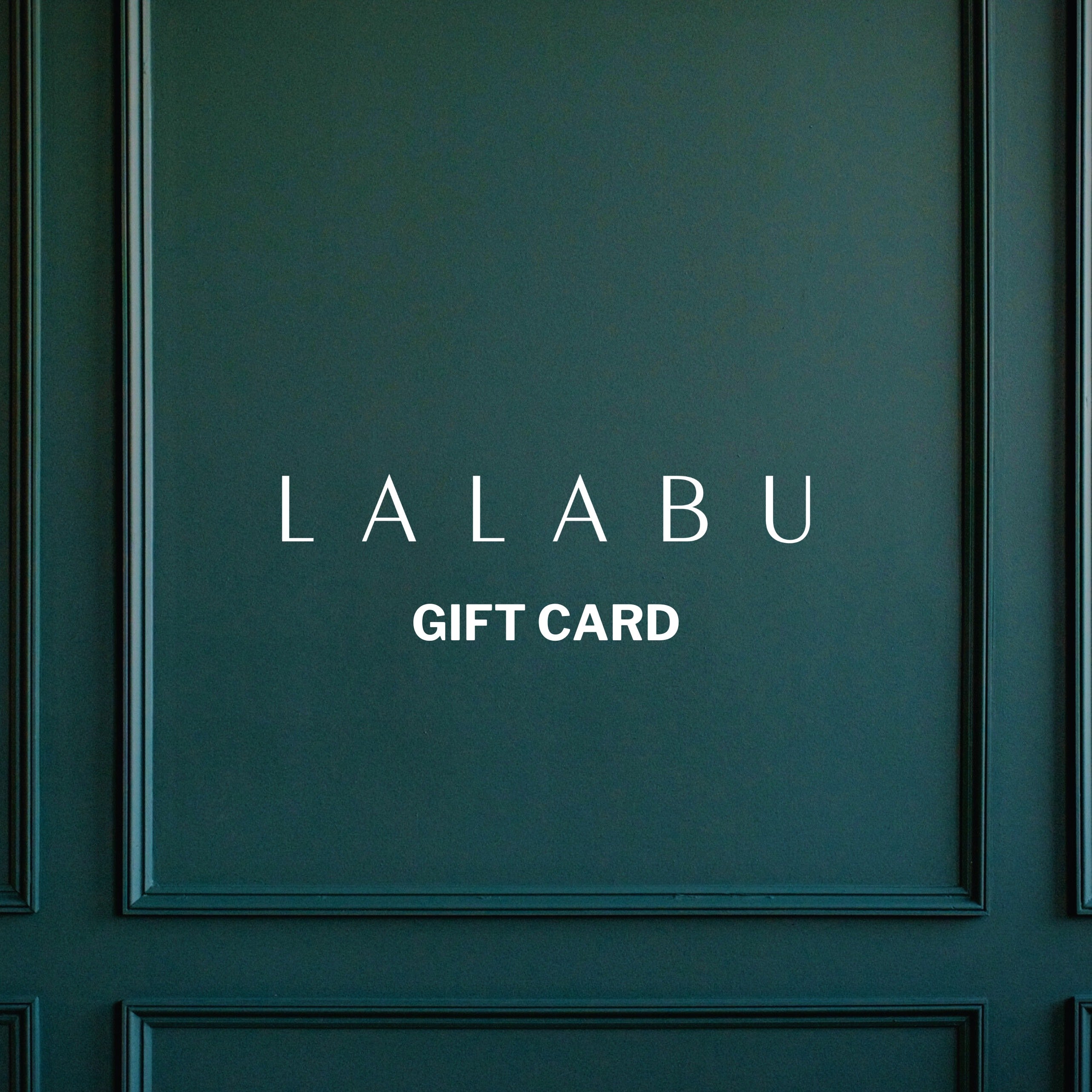 "Lalabu Gift Card" text over a green wall backdrop