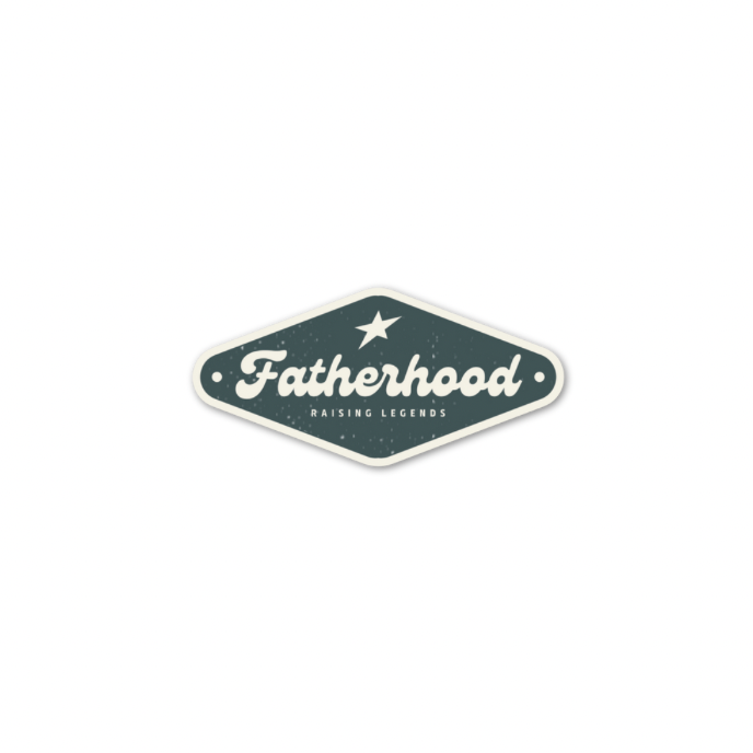 Die cut vintage sign blue with off-white text "Fatherhood RAISING LEGENDS"
