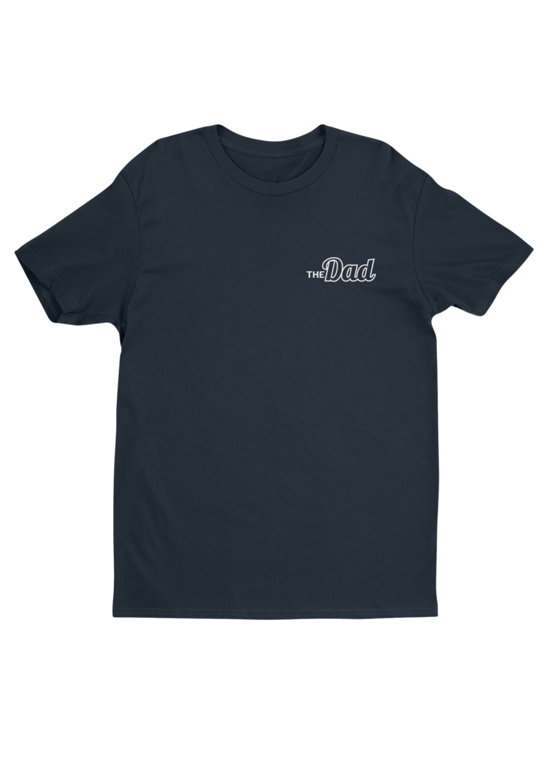 Navy men's tee with white lettering on the left chest that says "The Dad"