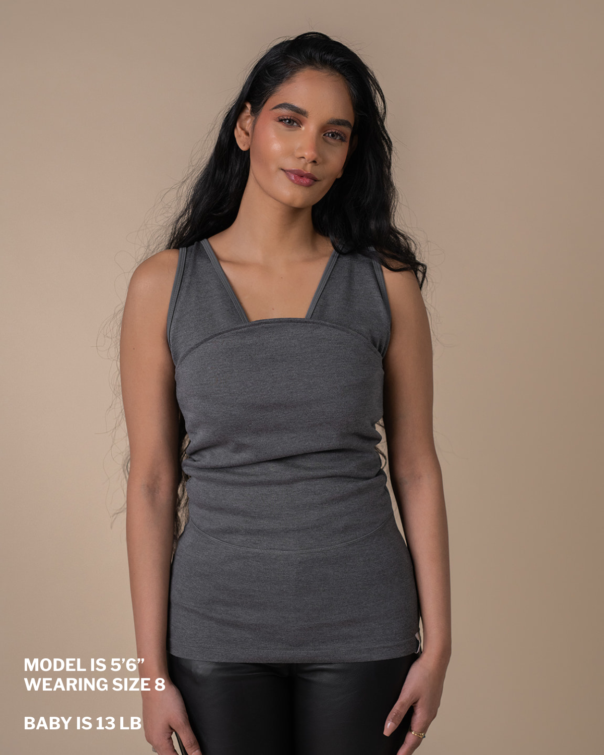 Model showing fit of soothe shirt without baby. "Model is 5 ft 6 in, wearing size 8"