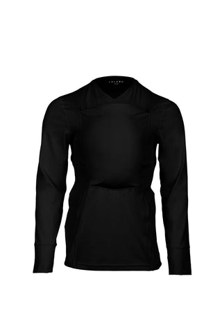 Black long sleeve v-neck Dad Shirt with a front pouch for wearing a newborn. Front view.