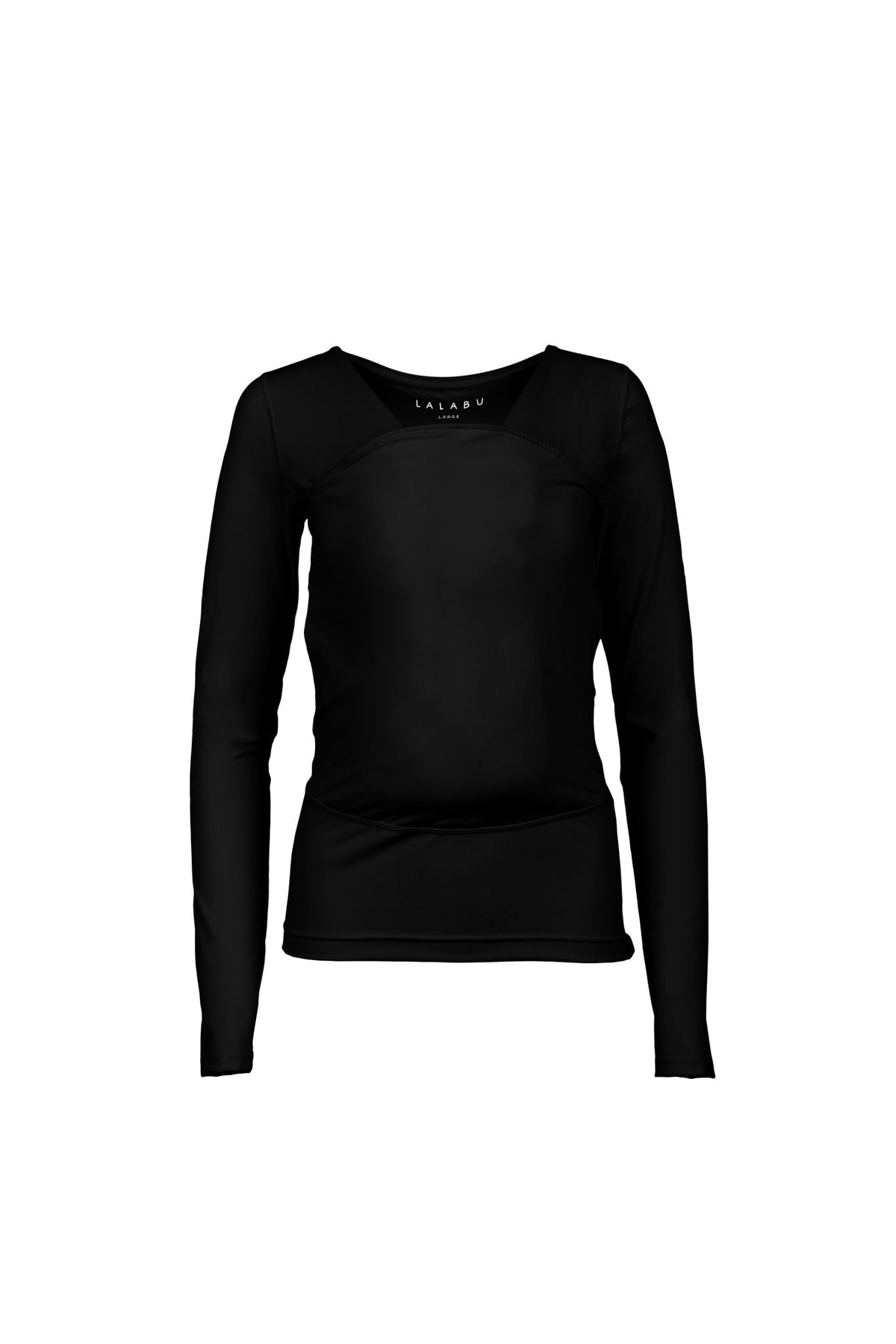 Black long sleeve Soothe Shirt with a front pouch for wearing a newborn. Front view.