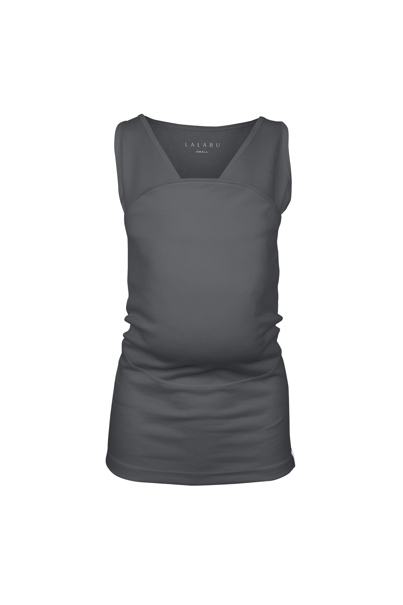 Gray tank top Soothe Shirt with a front pouch for wearing a newborn. Front view.