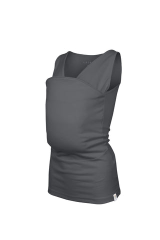 Gray tank top Soothe Shirt with a front pouch for wearing a newborn.