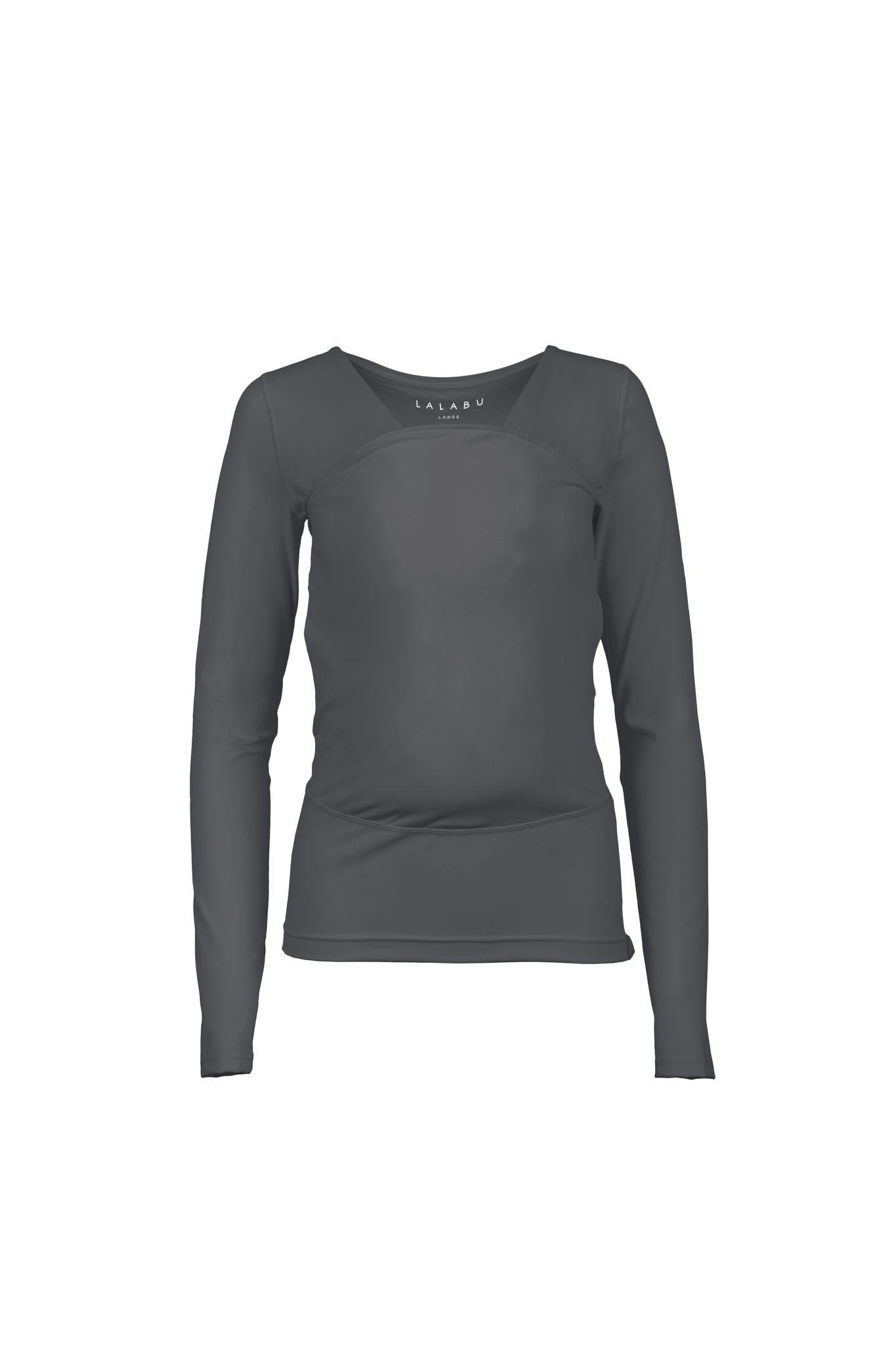 Gray long sleeve Soothe Shirt with a front pouch for wearing a newborn. Front view.