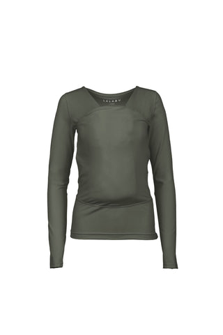 Long sleeve Soothe Shirt with a front pouch for wearing a newborn in green color called Fern. Front view.