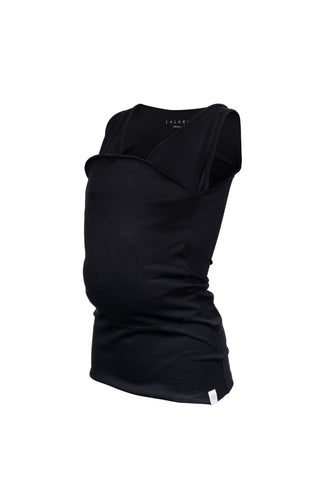Black tank top Soothe Shirt with a front pouch for wearing a newborn.