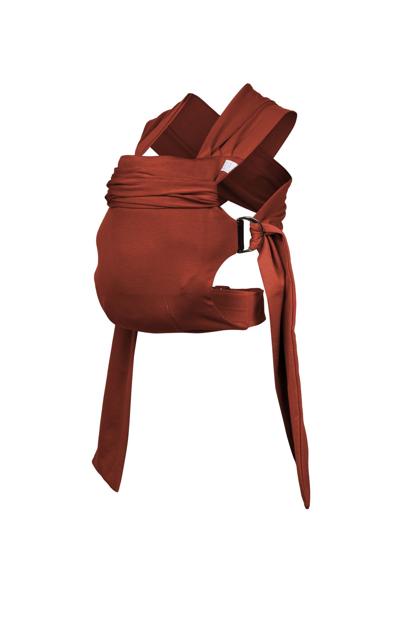 Simple Wrap carrier, with buckle waist belt and rings to attach fabric straps, in Clay.