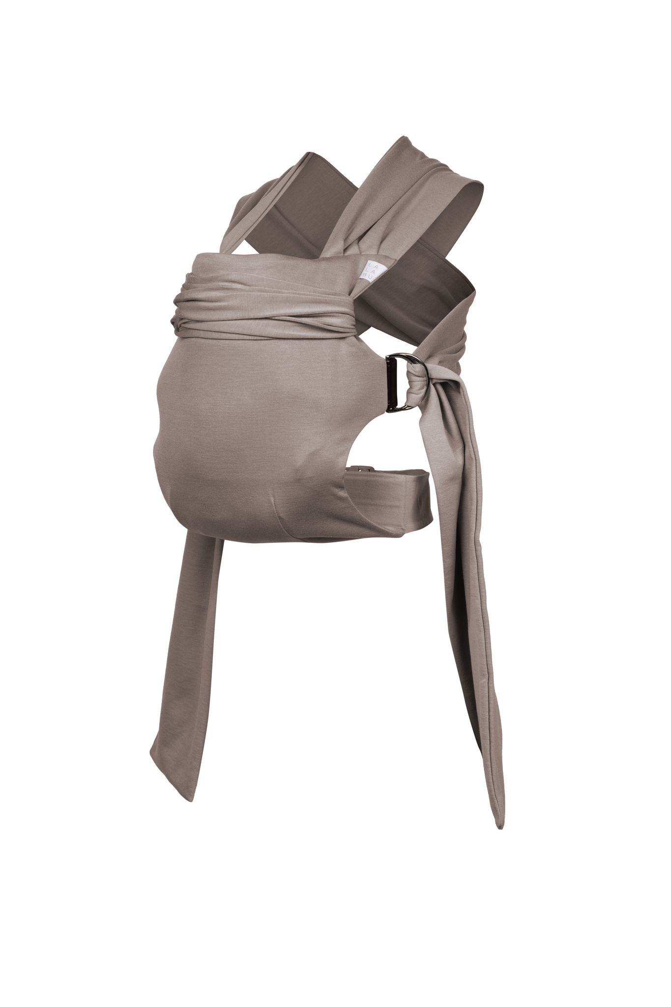 Simple Wrap carrier, with buckle waist belt and rings to attach fabric straps, in Driftwood.