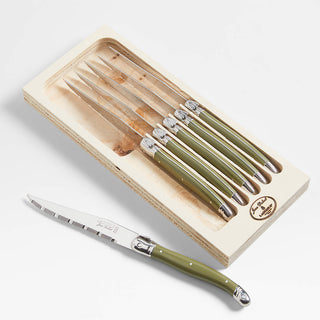 JDL brand Green Steak Knives in a wooden holder