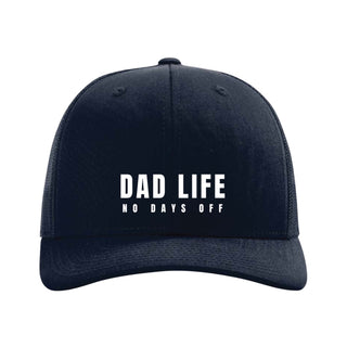 Navy snap back hat with white "Dad Life No Days Off" embroidery. Navy Mesh.