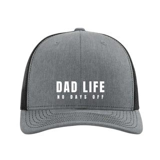 Heather Gray front and bill snap back hat with white "Dad Life No Days Off" embroidery. Black Mesh.