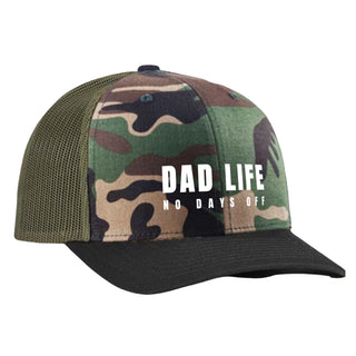 Camo front, black bill snap back hat with white "Dad Life No Days Off" embroidery. Green Mesh.