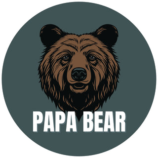 Blue Circular Sticker with bear head and white "Papa Bear" text