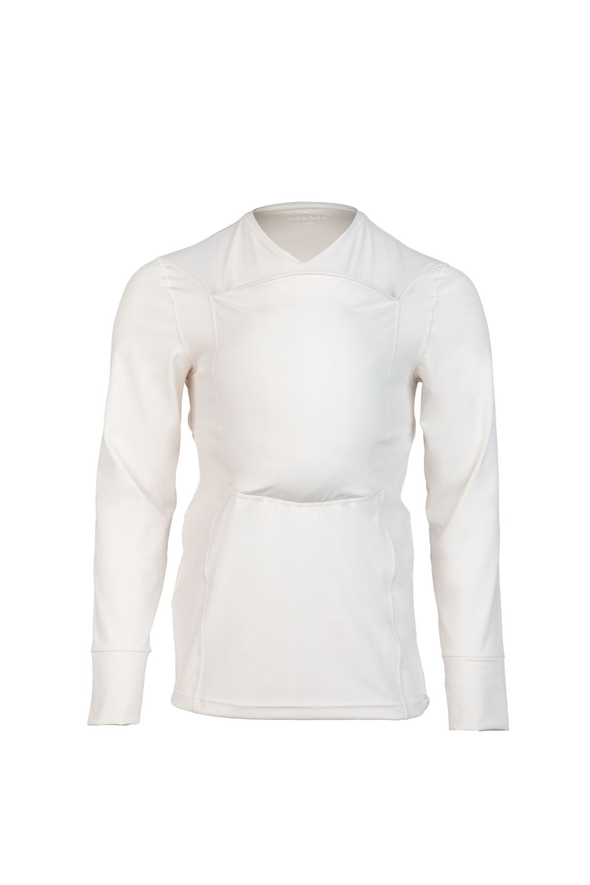 Long sleeve v-neck Dad Shirt with a front pouch for wearing a newborn in white color called Natural. Front view.