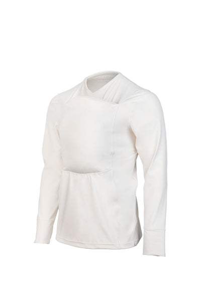 Long sleeve v-neck Dad Shirt with a front pouch for wearing a newborn in white color called Natural.