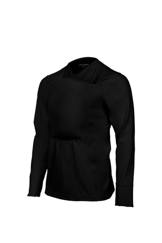 Black long sleeve v-neck Dad Shirt with a front pouch for wearing a newborn.