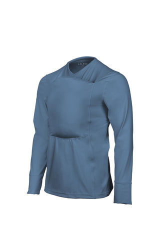 Long sleeve v-neck Dad Shirt with a front pouch for wearing a newborn in blue color called Brook.