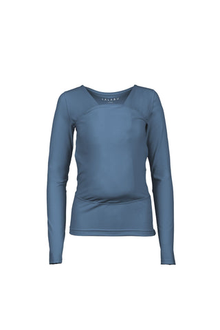 Long sleeve Soothe Shirt with a front pouch for wearing a newborn in blue color called Brook. Front view.