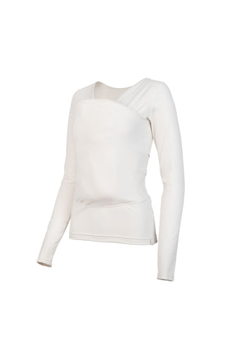 Long sleeve Soothe Shirt with a front pouch for wearing a newborn in white color called Natural.