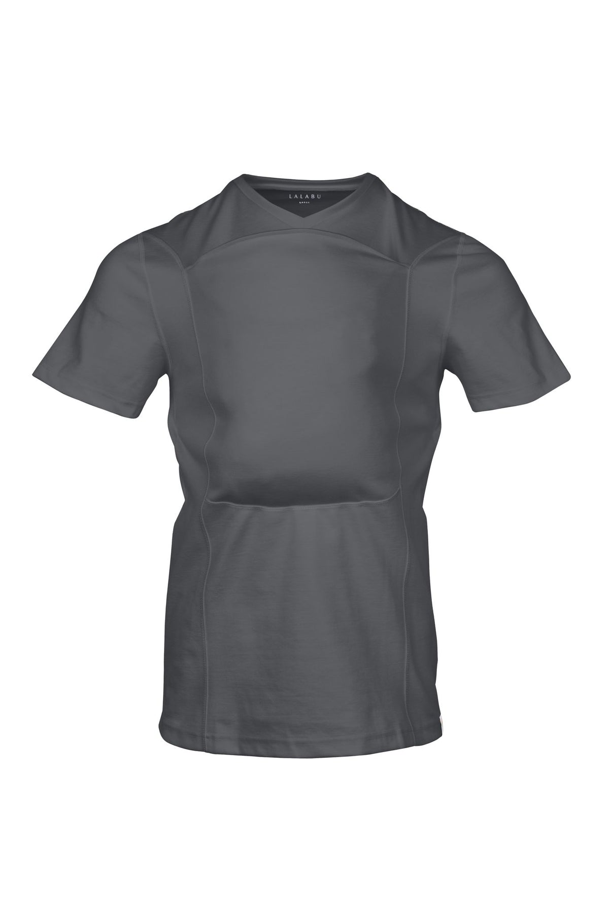 Short sleeve v-neck Dad Shirt with a front pouch for wearing a newborn in gray. Front view.