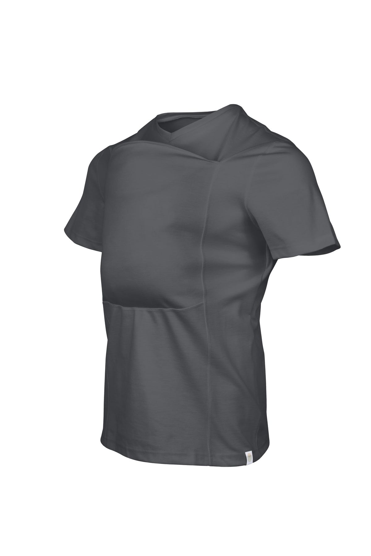 Short sleeve v-neck Dad Shirt with a front pouch for wearing a newborn in gray.