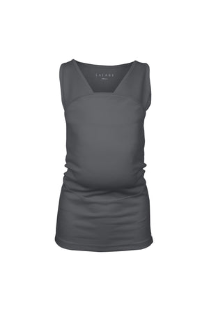 Gray tank top Soothe Shirt with a front pouch for wearing a newborn. Front view.