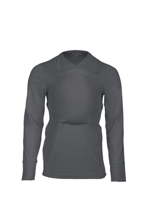 Gray long sleeve v-neck Dad Shirt with a front pouch for wearing a newborn. Front view.
