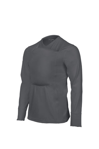 Gray long sleeve v-neck Dad Shirt with a front pouch for wearing a newborn.