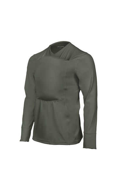 Fern long sleeve v-neck Dad Shirt with front pouch for wearing a newborn.