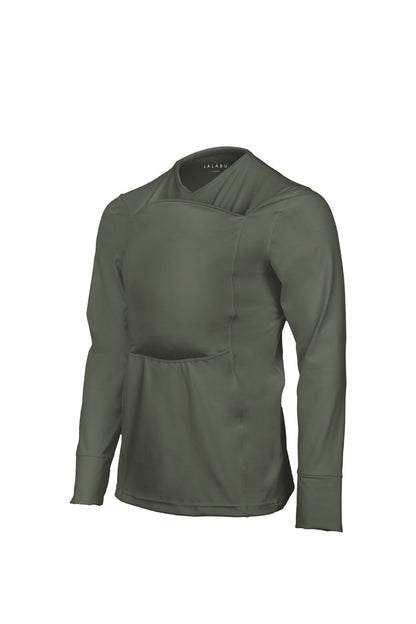 Fern long sleeve v-neck Dad Shirt with front pouch for wearing a newborn.