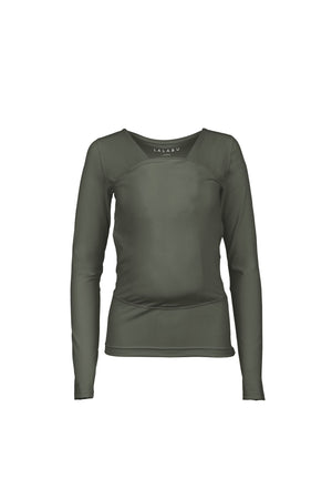 Long sleeve Soothe Shirt with a front pouch for wearing a newborn in green color called Fern. Front view.