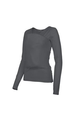 Gray long sleeve Soothe Shirt with a front pouch for wearing a newborn.