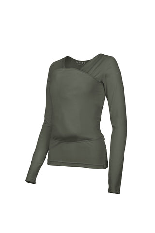 Long sleeve Soothe Shirt with a front pouch for wearing a newborn in green color called Fern.