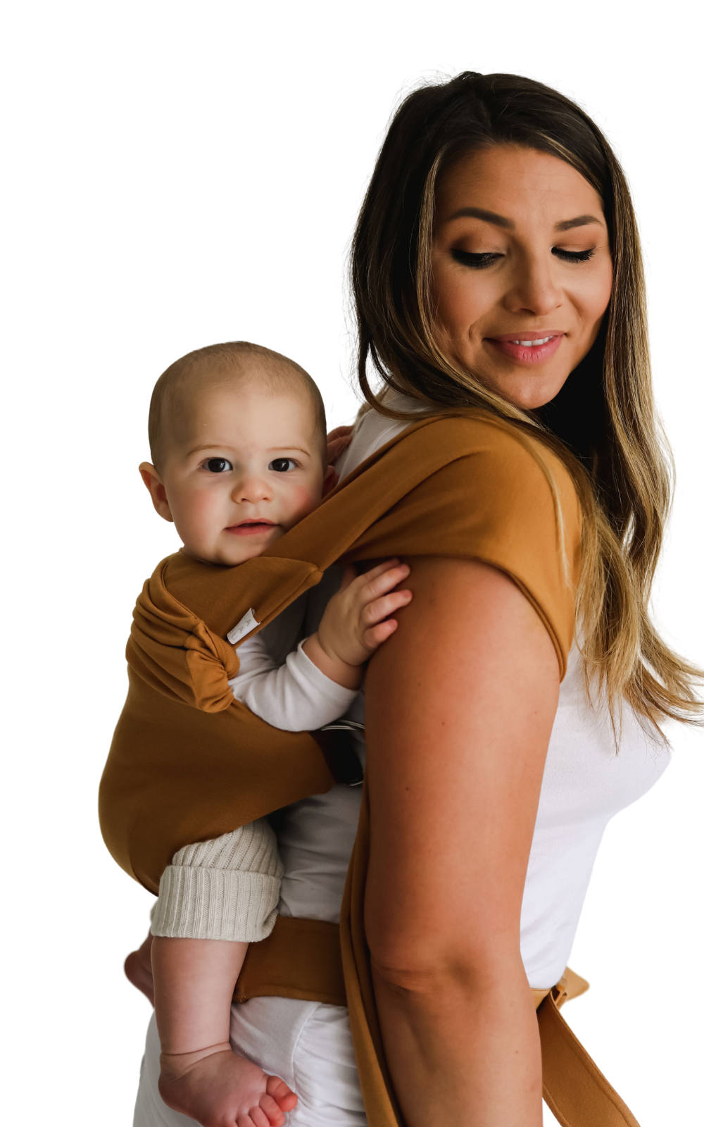 Female back carrying a baby in a Camel SImple Wrap.