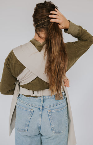 Back view of a Flax Simple Wrap worn for front carrying.