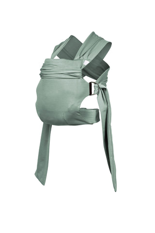 Simple Wrap baby carrier, with a buckle waist belt and rings to attach fabric straps, in a light green color called Olive.