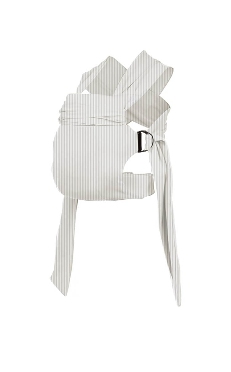 Simple Wrap carrier, with buckle waist belt and rings to attach fabric straps, in Oatmeal Stripe.