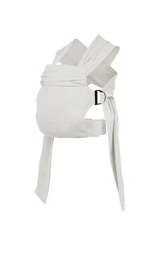 Simple Wrap baby carrier, with a buckle waist belt and rings to attach fabric straps, in a vertical stripe of off white and light gray called Oatmeal Stripe.