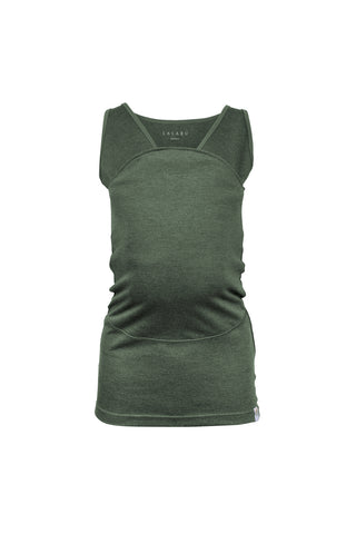 Tank top Soothe Shirt with a front pouch for wearing a newborn in green color called Fern. Front view.