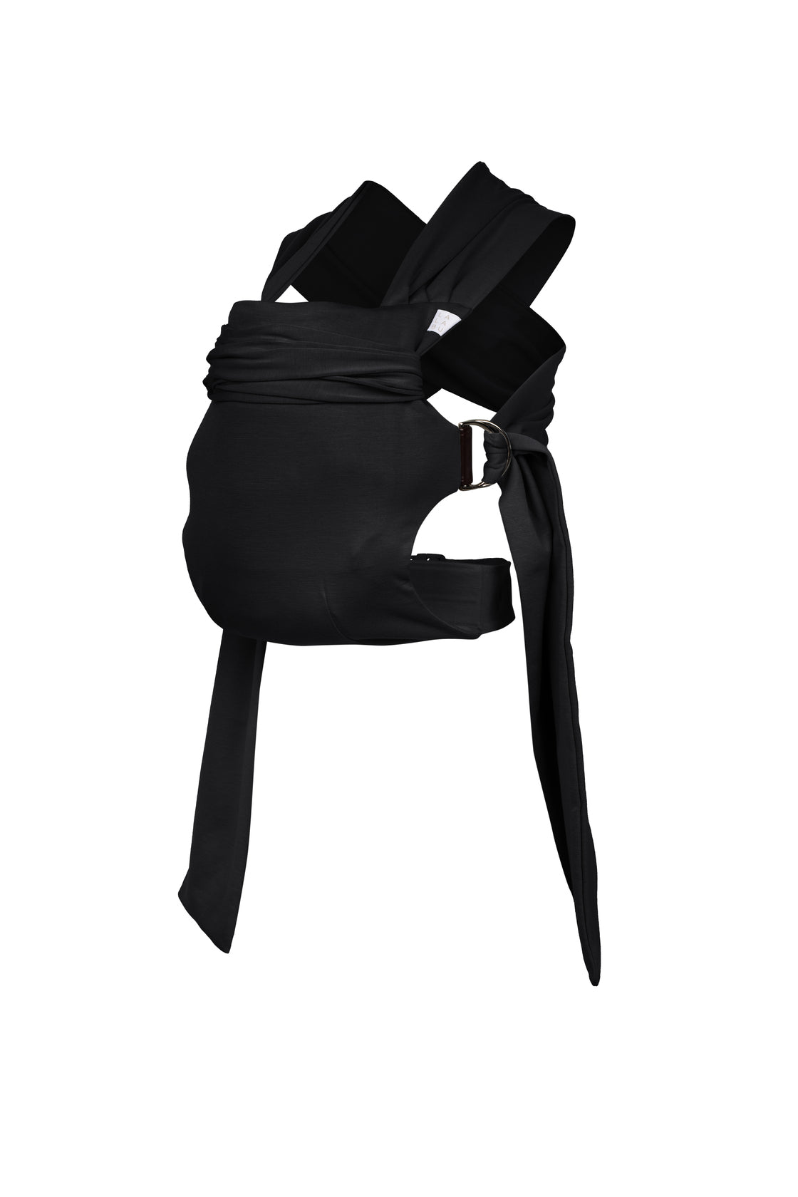 Simple Wrap carrier, with buckle waist belt and rings to attach fabric straps, in black.