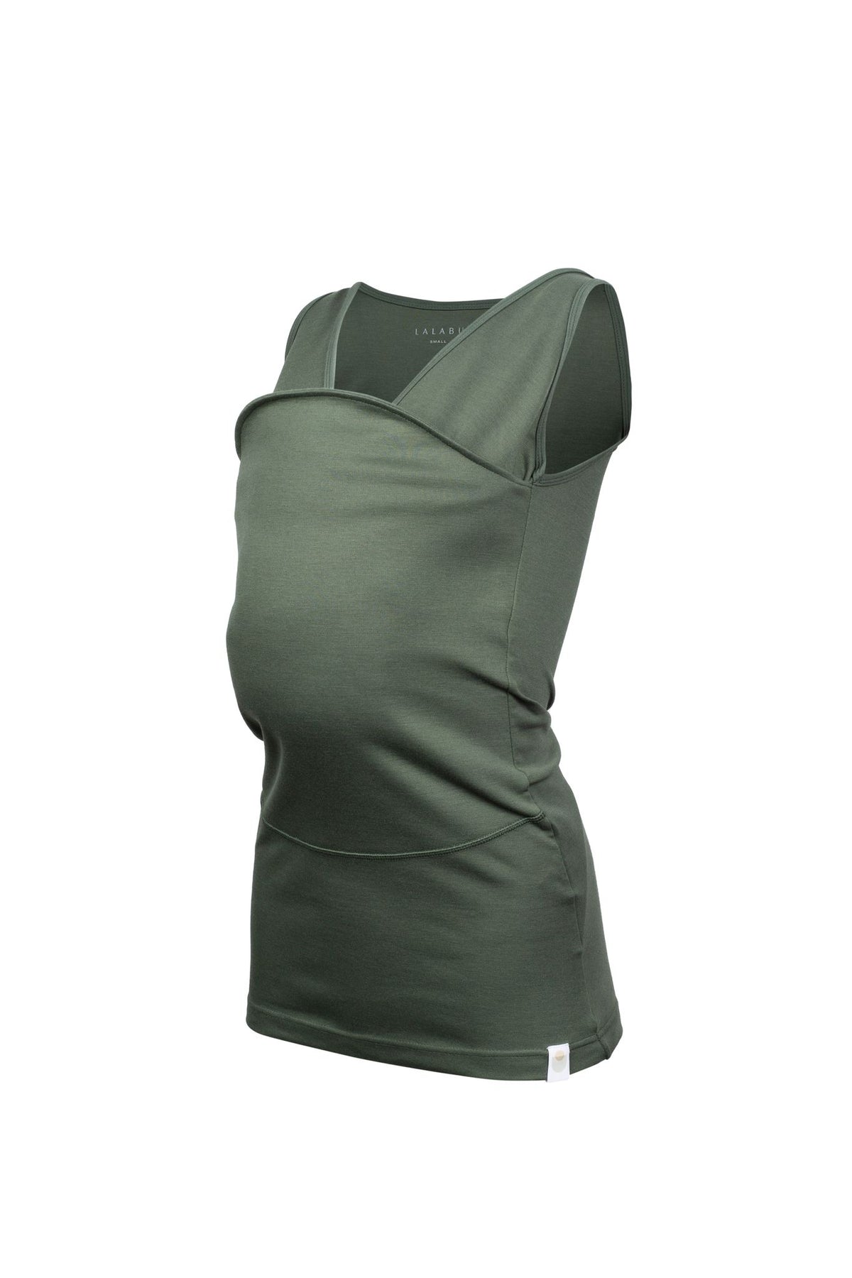 Tank top Soothe Shirt with a front pouch for wearing a newborn in green color called Fern.