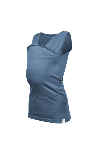 Tank top Soothe Shirt with a front pouch for wearing a newborn in blue color called Brook.