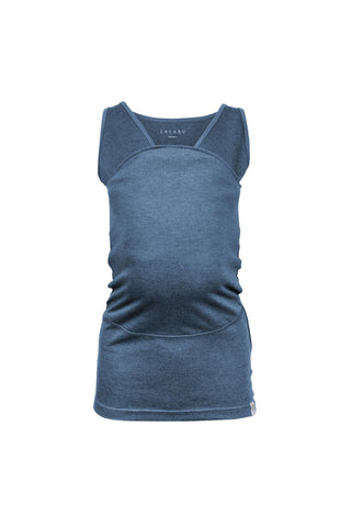  Tank top Soothe Shirt with a front pouch for wearing a newborn in blue color called Brook. Front view.