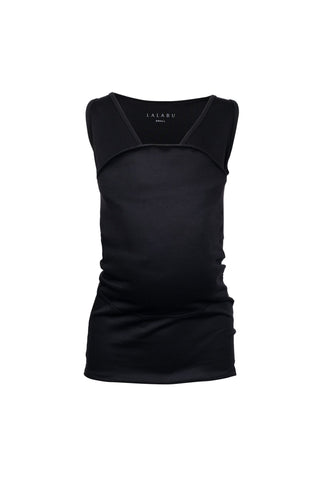 Black tank top Soothe Shirt with a front pouch for wearing a newborn. Front view.