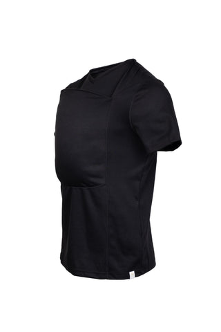Black short sleeve v-neck Dad Shirt with a front pouch for wearing a newborn.