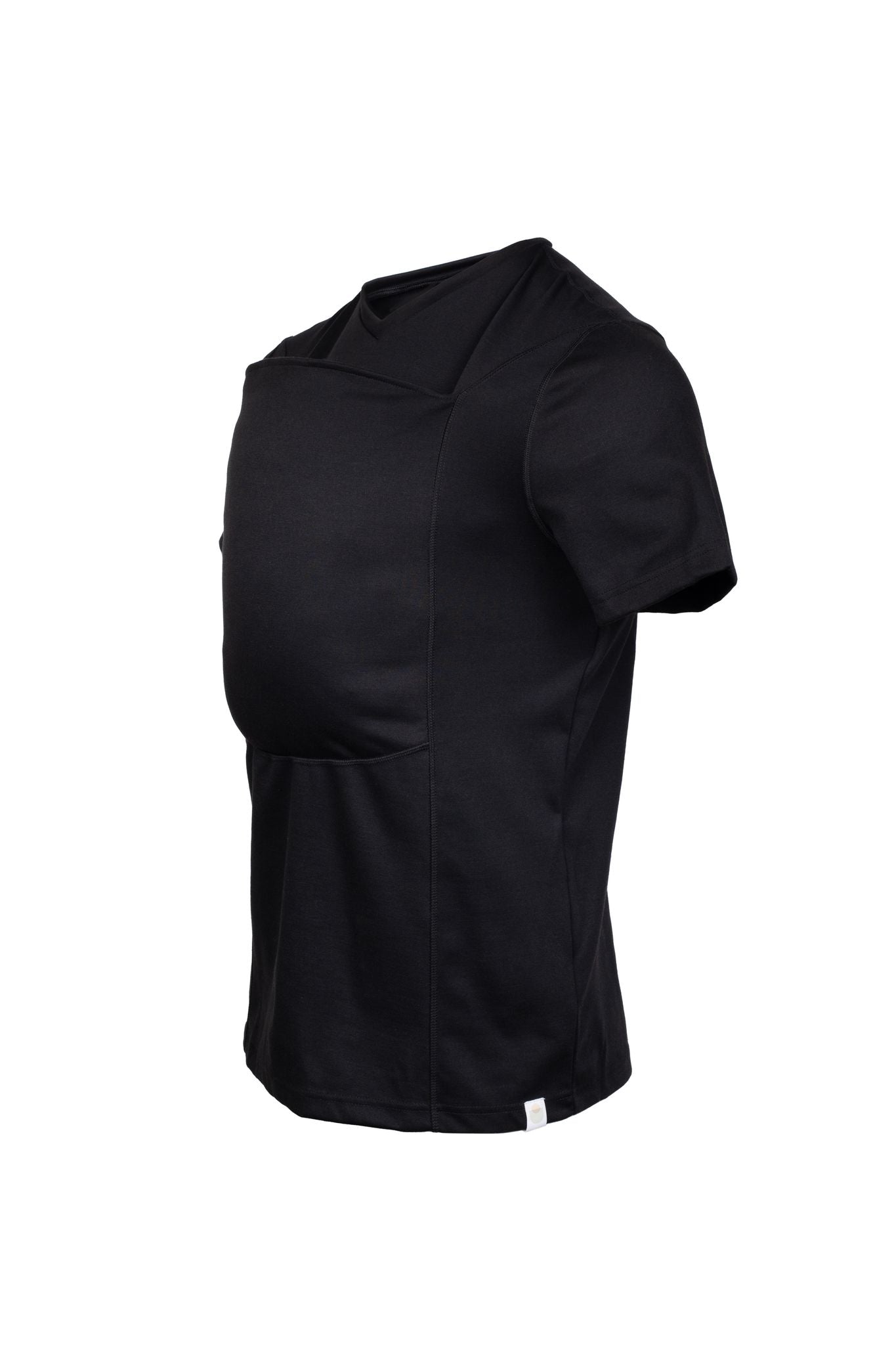 Black short sleeve v-neck Dad Shirt with front pouch for wearing a newborn.