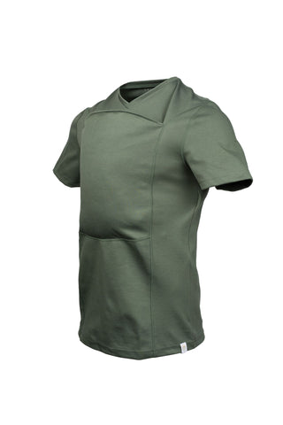 Fern short sleeve v-neck Dad Shirt with front pouch for wearing a newborn.
