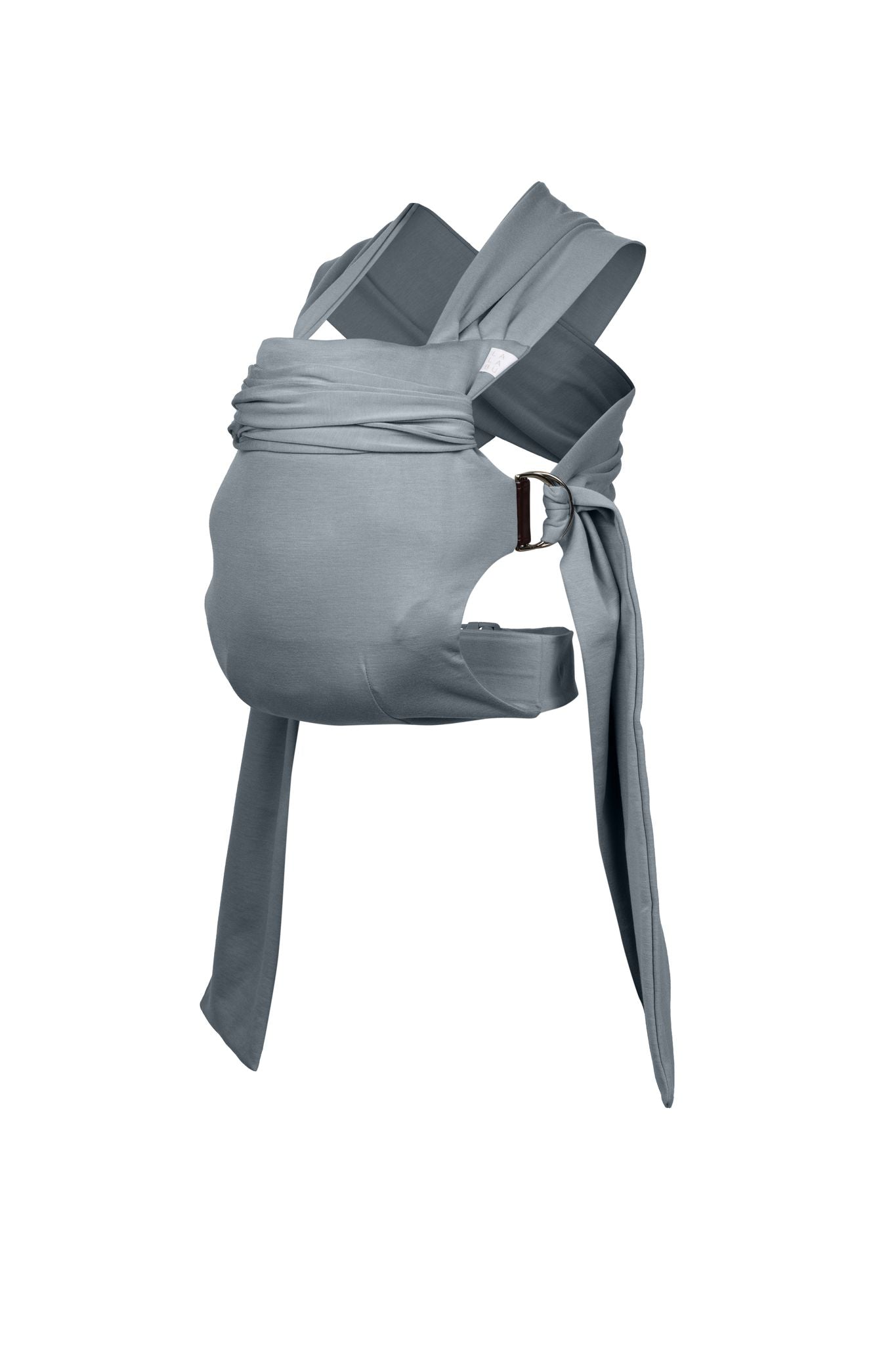 Simple Wrap carrier, with buckle waist belt and rings to attach fabric straps, in Ash.