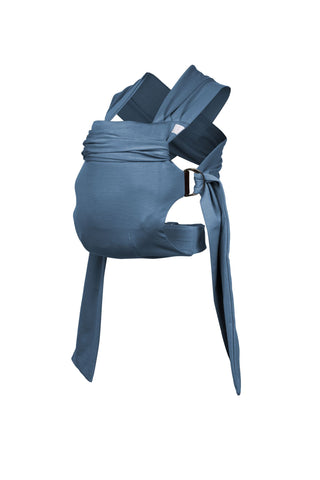 Simple Wrap baby carrier, with a buckle waist belt and rings to attach fabric straps, in blue color called Brook.